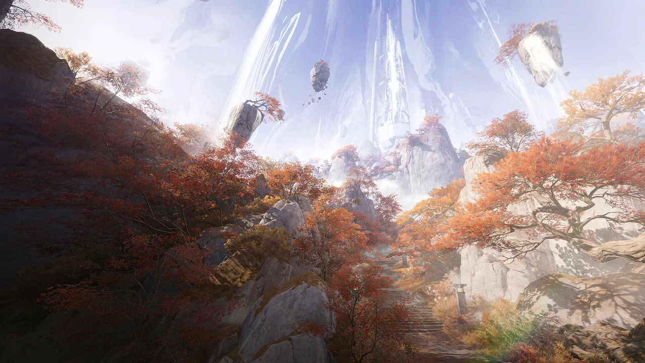 Arknights: Endfield official screenshot: a sweeping valley of autumn-red trees beneath a bright sky, with light beams rising in the distance