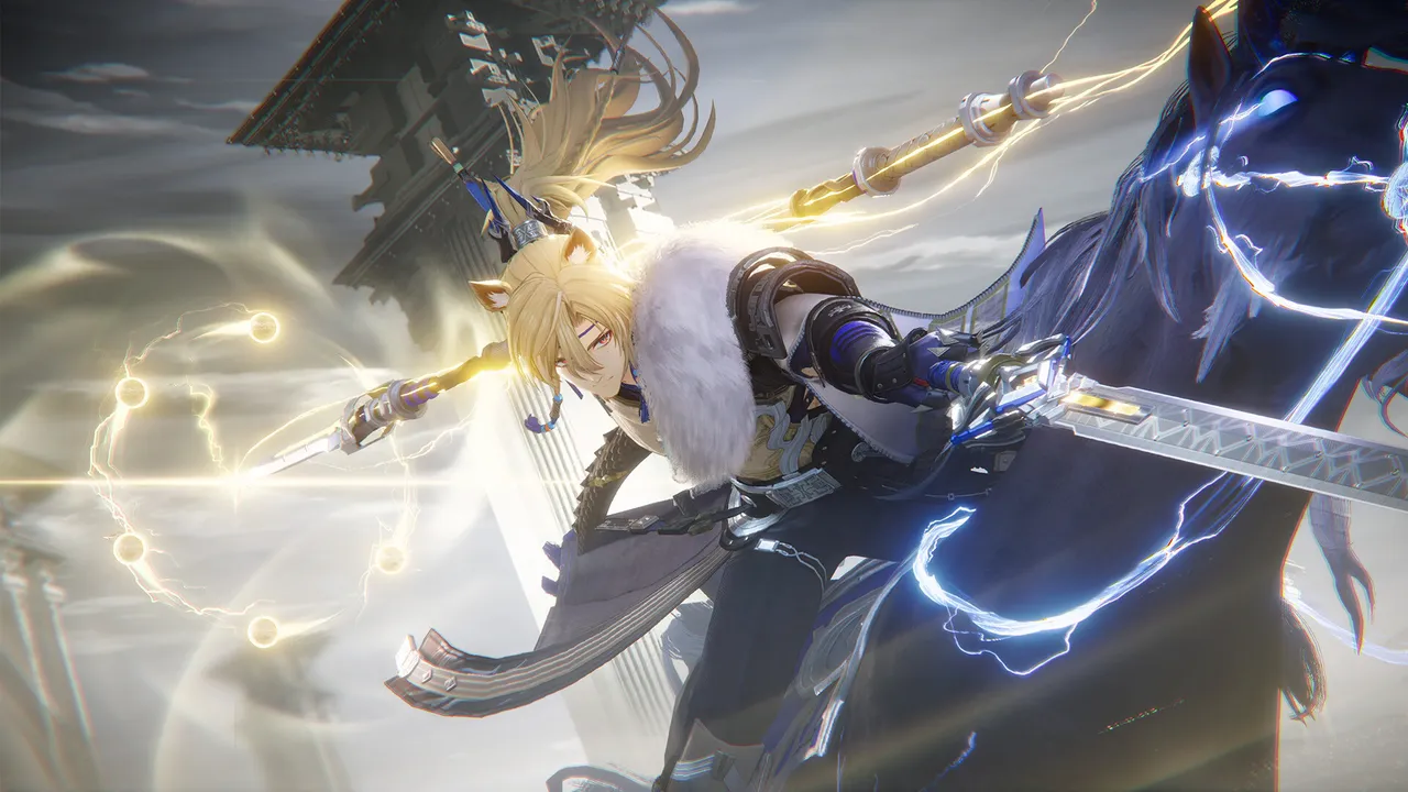 Arknights: Endfield official screenshot: a blonde operator swinging a sword wreathed in blue lightning
