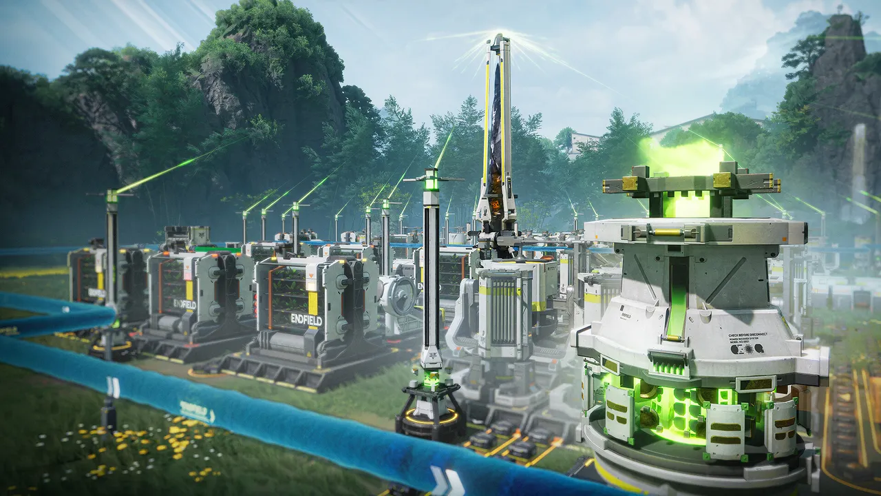 Arknights: Endfield official screenshot: an industrial base with conveyor lines and a glowing green tower set against forested cliffs