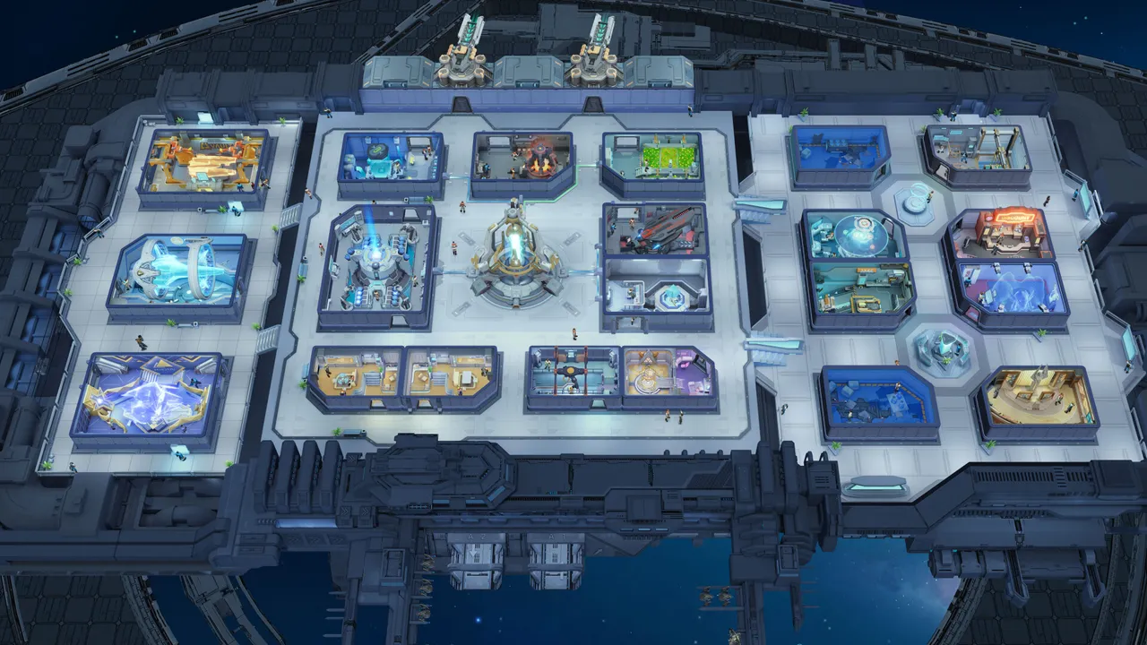 Foundation: Galactic Frontier official screenshot: an overhead view of a space station's modular base layout
