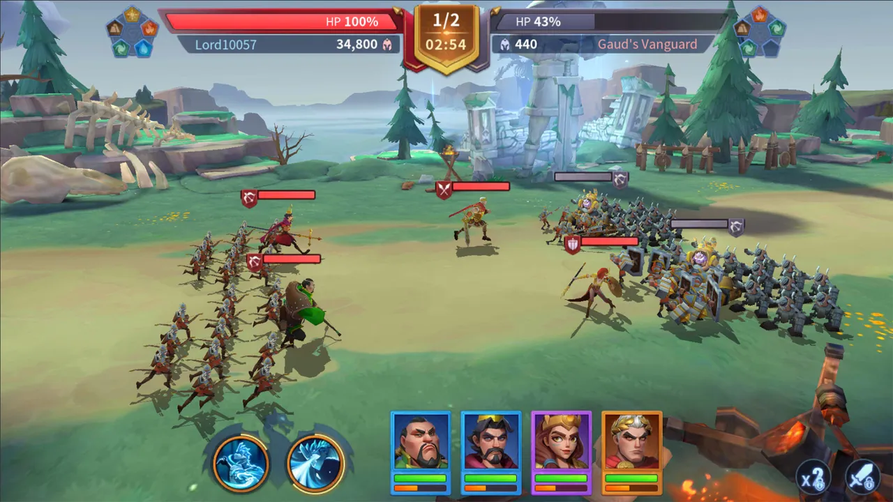 Infinity Kingdom official screenshot: a battlefield where two armies of soldiers clash on a grassy plain, with hero portraits and a battle timer at the bottom of the screen