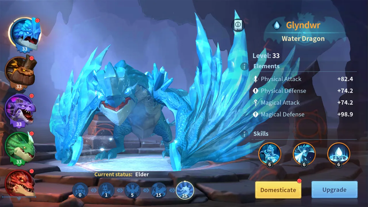 Infinity Kingdom official screenshot: Glyndwr, an icy blue water dragon, shown on the dragon upgrade screen with its stats and skills