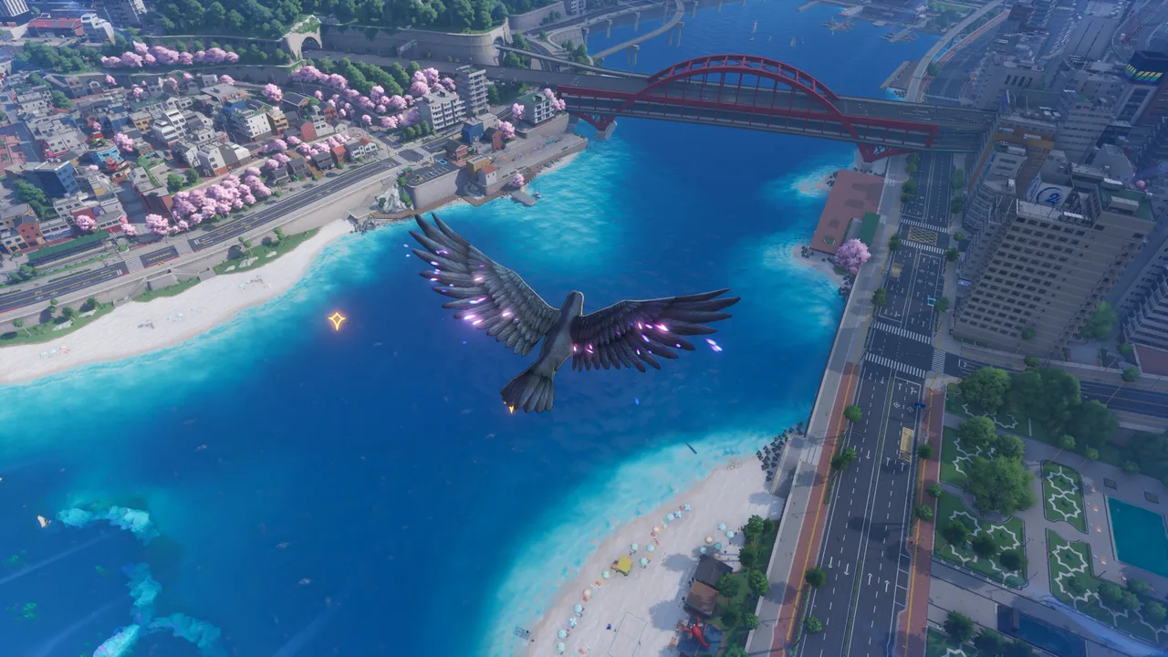 Neverness to Everness official screenshot: a character flying over a coastal city with a red bridge and turquoise water