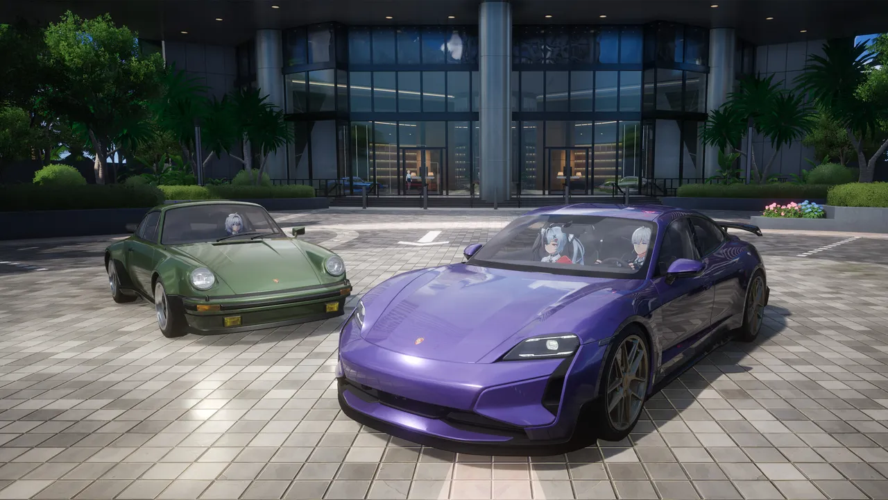 Neverness to Everness official screenshot: a classic green coupe and a purple electric sports car parked outside a modern building