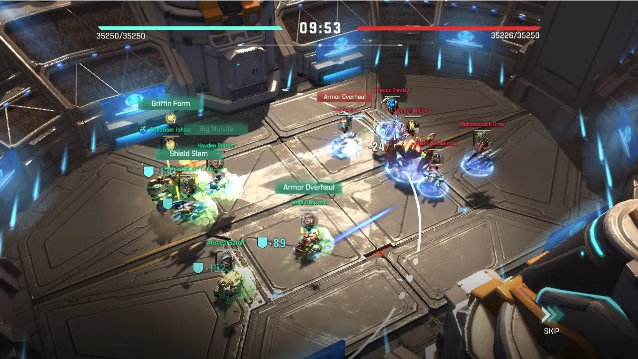 Project Entropy official screenshot: a squad battle inside an industrial arena with health bars and a countdown timer
