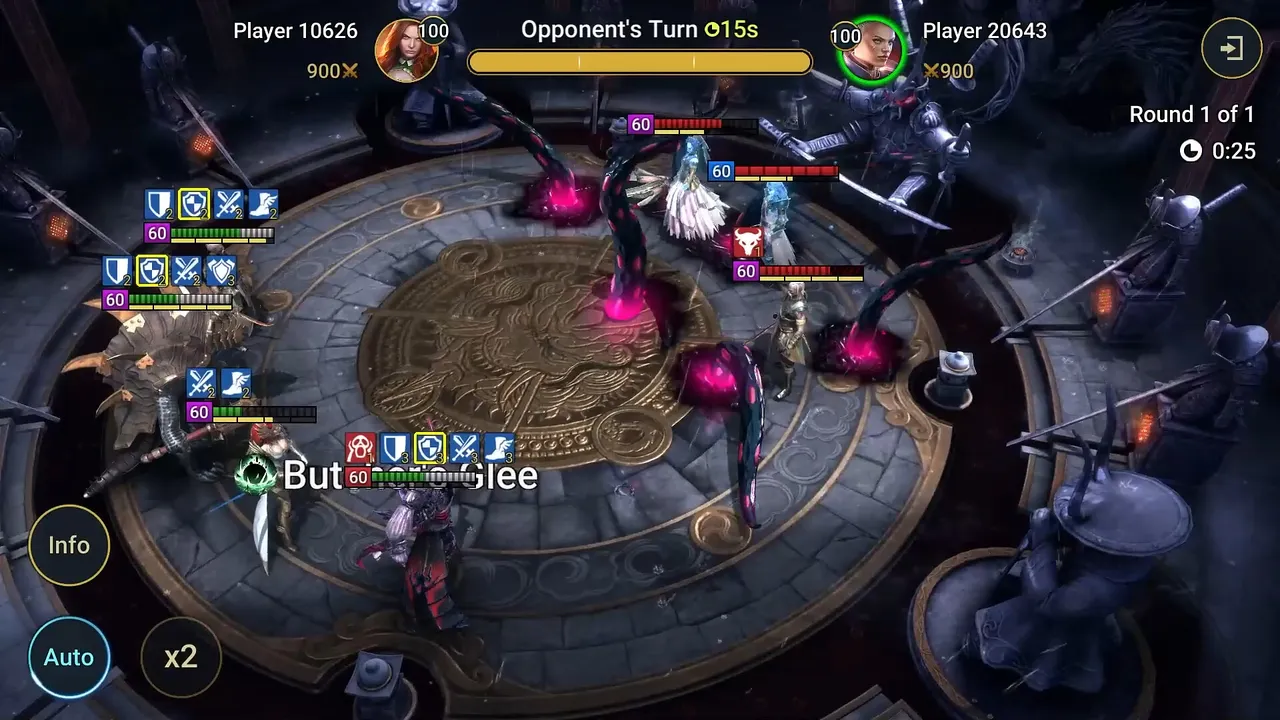 Raid: Shadow Legends official screenshot: a turn-based battle on a circular arena with champions and ability icons