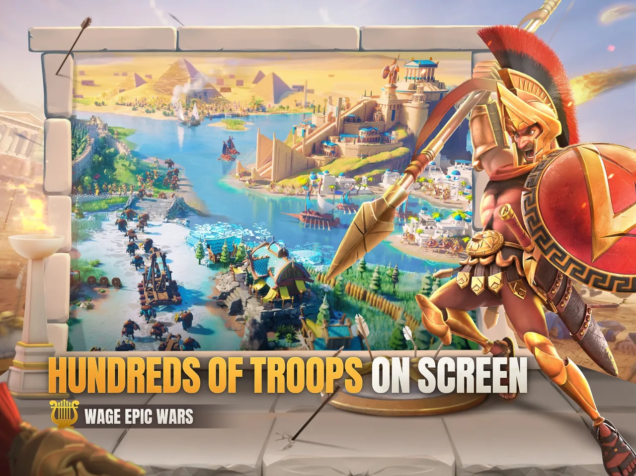 Rise of Kingdoms official store artwork of armies marching across a coastal map, captioned 'Hundreds of troops on screen'