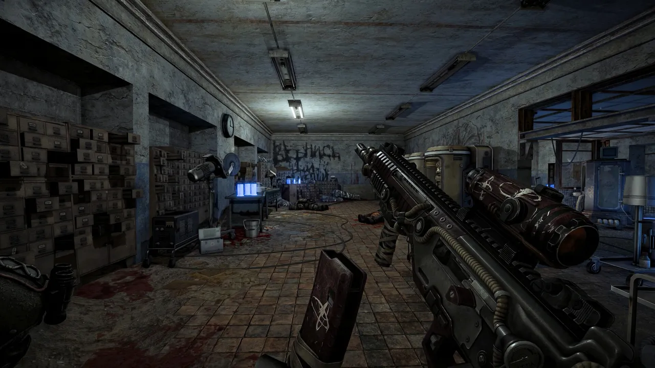 STALZONE official screenshot: first-person view down a dim, abandoned laboratory corridor, holding a scoped rifle