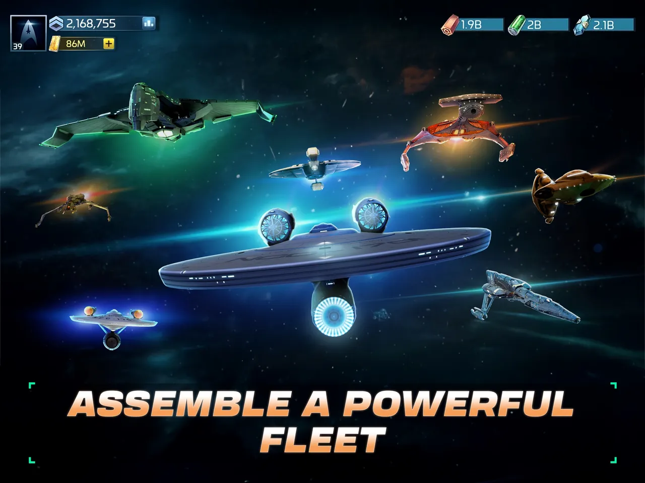 Star Trek Fleet Command official store artwork of several starships flying in formation, captioned 'Assemble a powerful fleet'