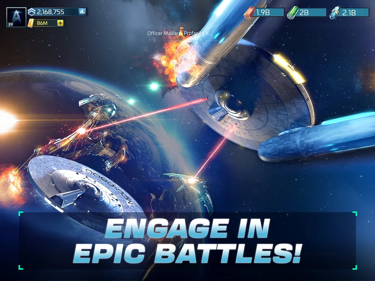 Star Trek Fleet Command official store artwork of ships exchanging fire, captioned 'Engage in epic battles'