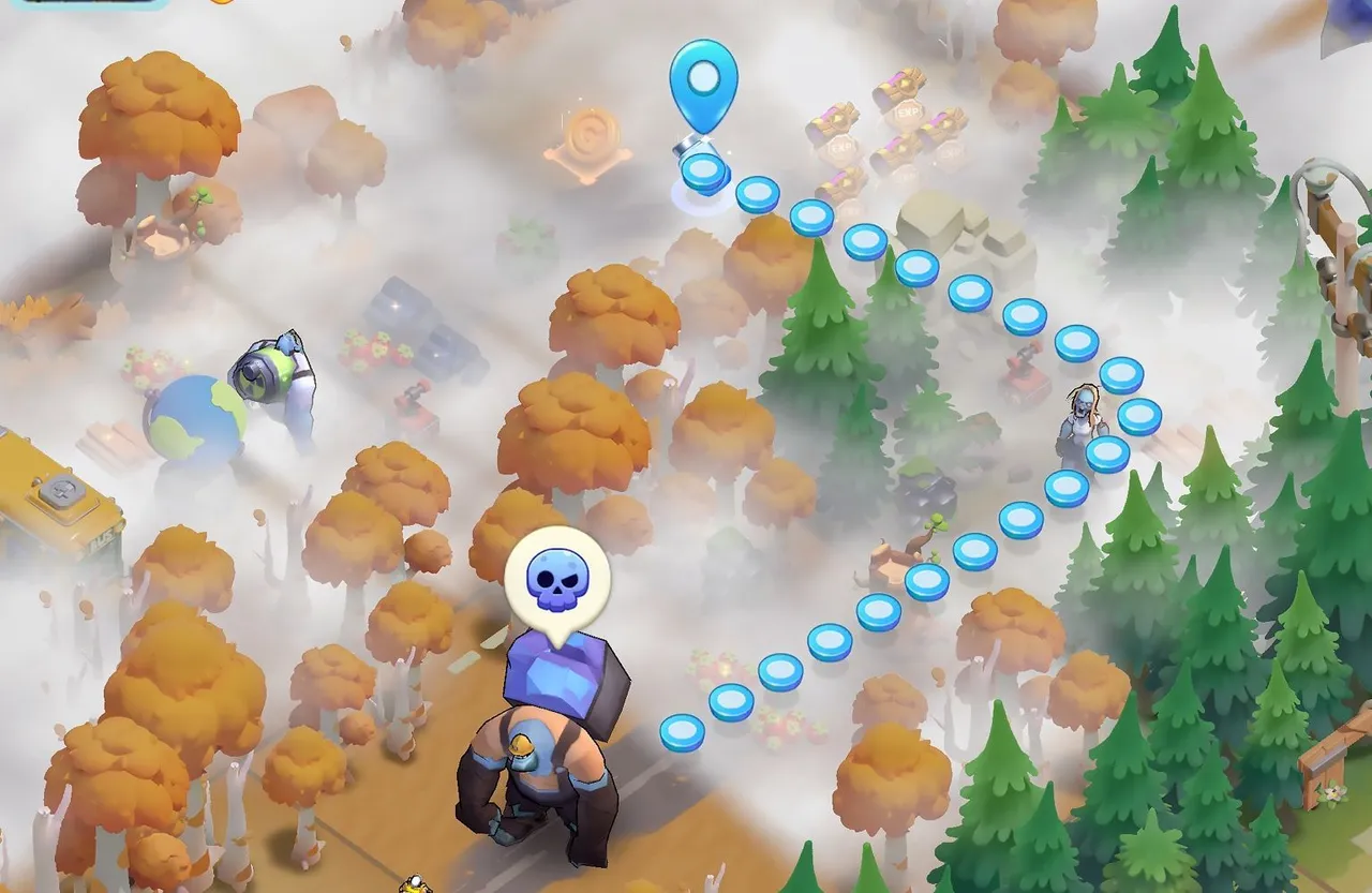 Tiles Survive official screenshot: a scout's route winding through autumn forest and fog on the world map