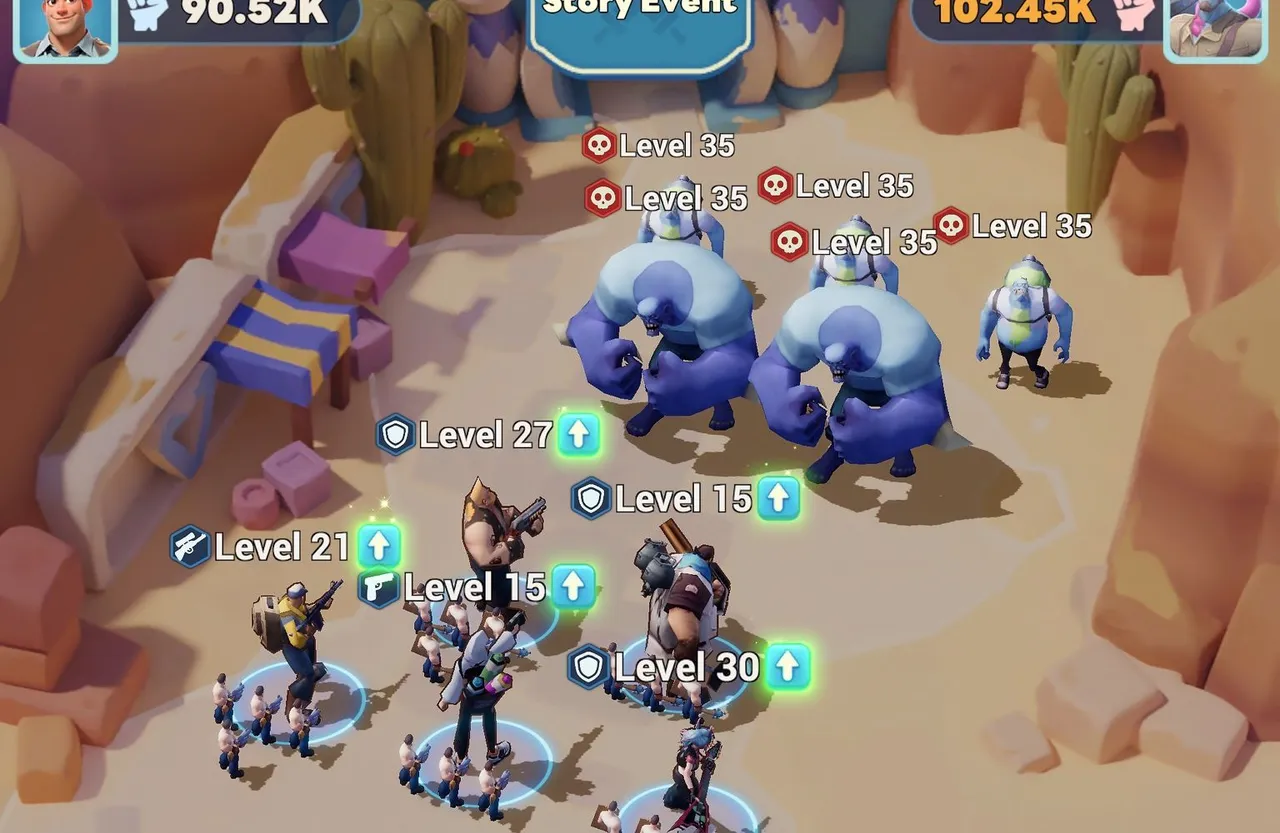 Tiles Survive official screenshot: a squad of survivors facing a group of large blue mutants