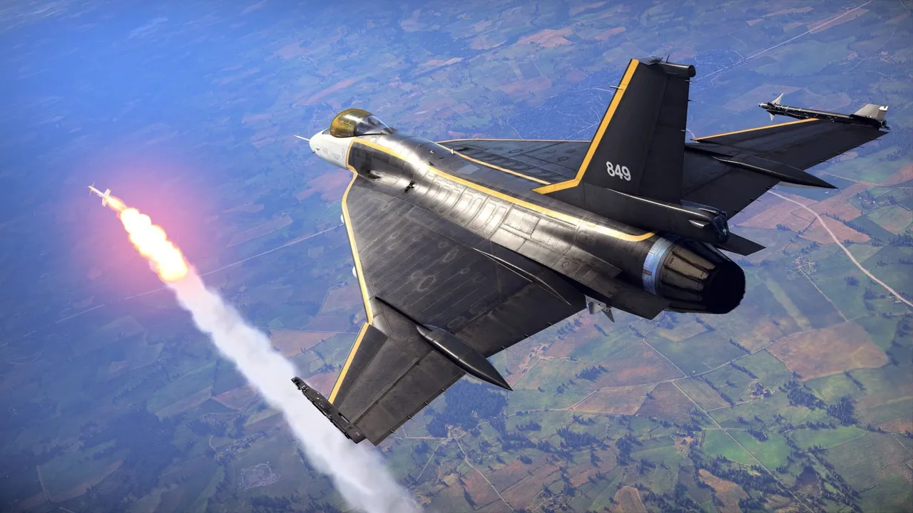 War Thunder official screenshot: a fighter jet firing a missile high above the clouds