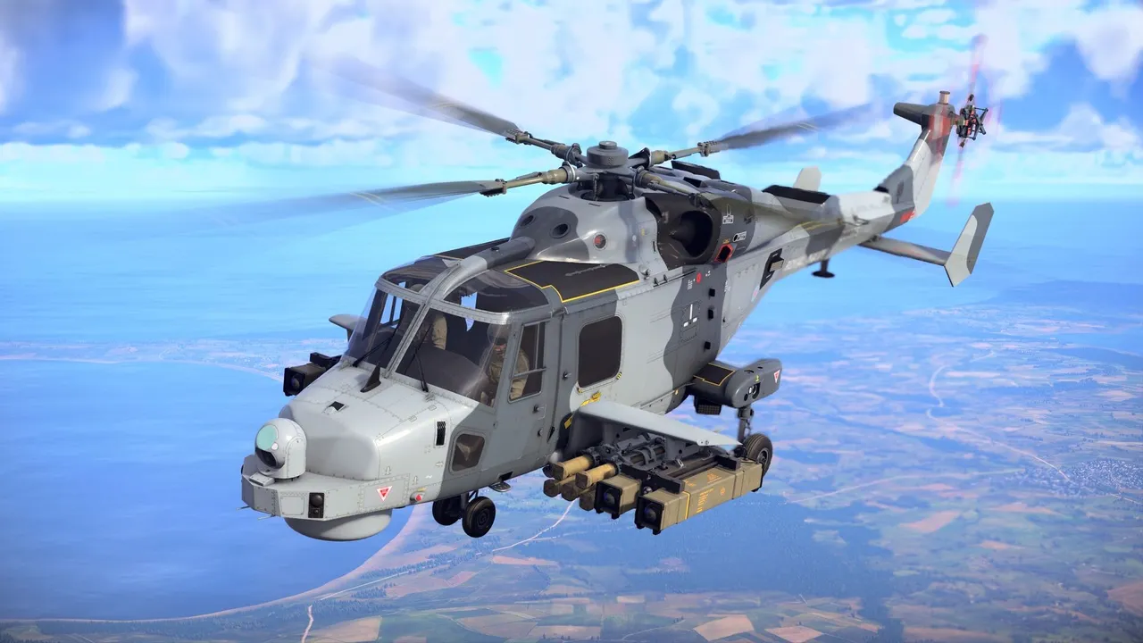 War Thunder official screenshot: a military helicopter flying low over the sea
