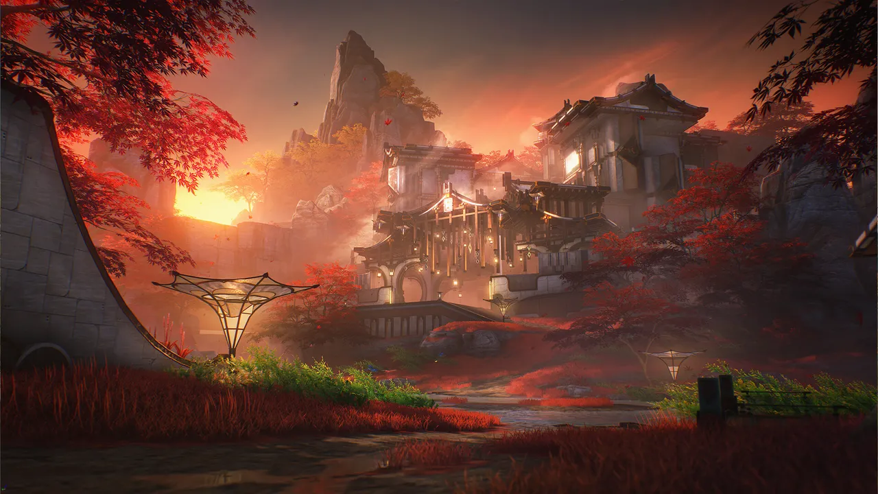 Wuthering Waves official screenshot: a hillside settlement of tiered pavilions under a blazing sunset, framed by red-leaved trees